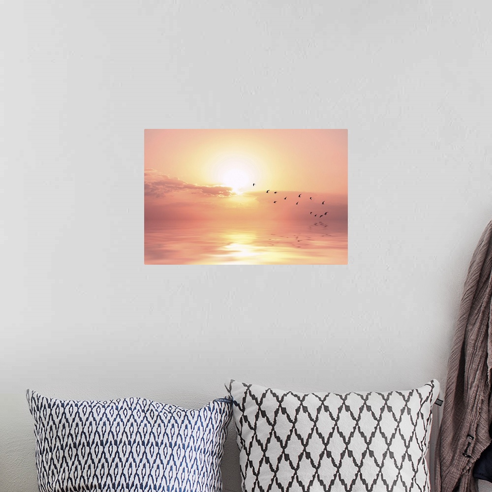 A bohemian room featuring Beautiful sky on sunset or sunrise with flying birds to the sun, natural background.