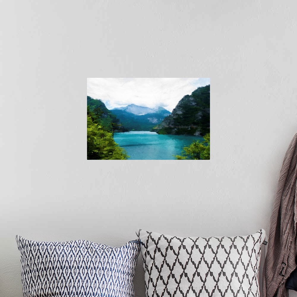 A bohemian room featuring Painted blue lake near green trees and mountains.