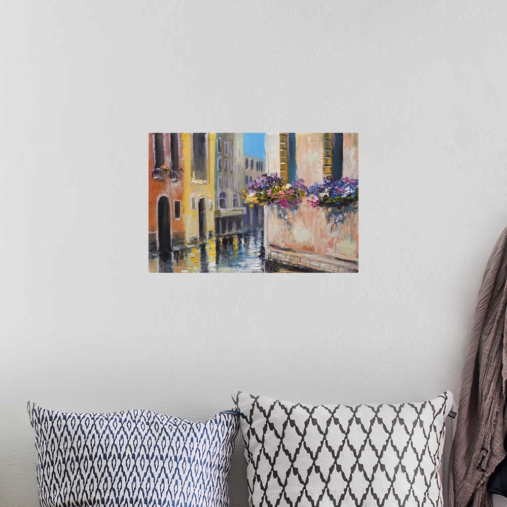 A bohemian room featuring Originally an oil painting of a canal in Venice, Italy. Famous tourist place, colorful impression...