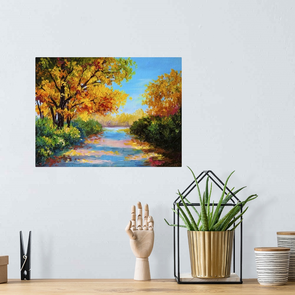 A bohemian room featuring Originally an oil painting of a colorful autumn forest.