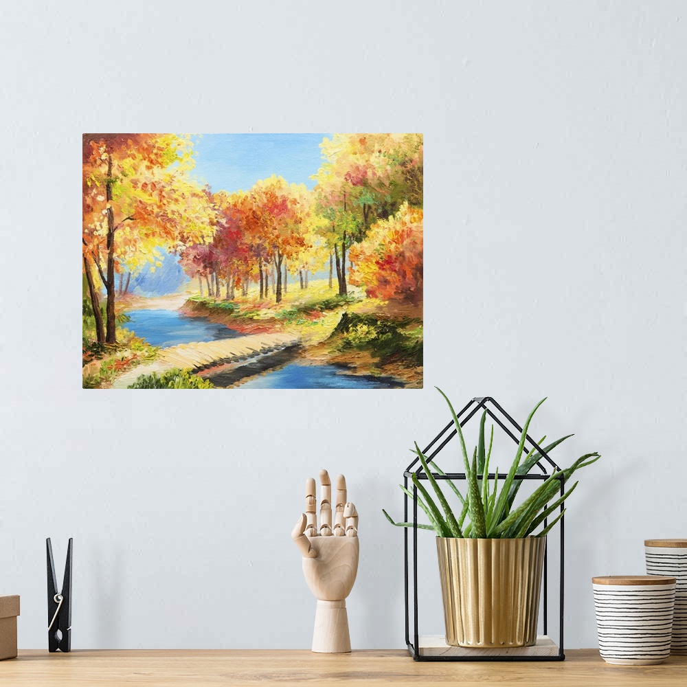 A bohemian room featuring Originally an oil painting landscape of a colorful autumn forest, beautiful river.