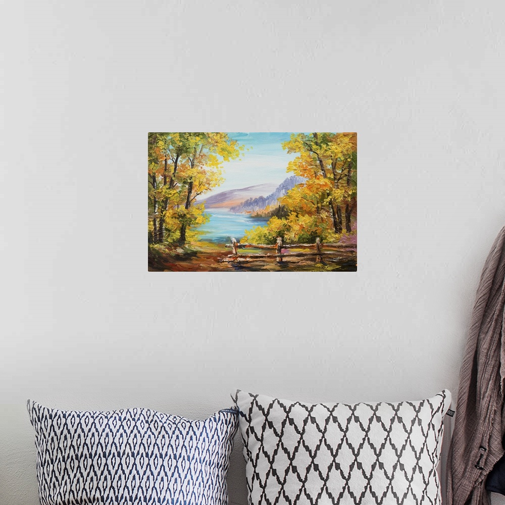 A bohemian room featuring Originally an oil painting landscape of a colorful autumn forest, mountain lake, impressionism.