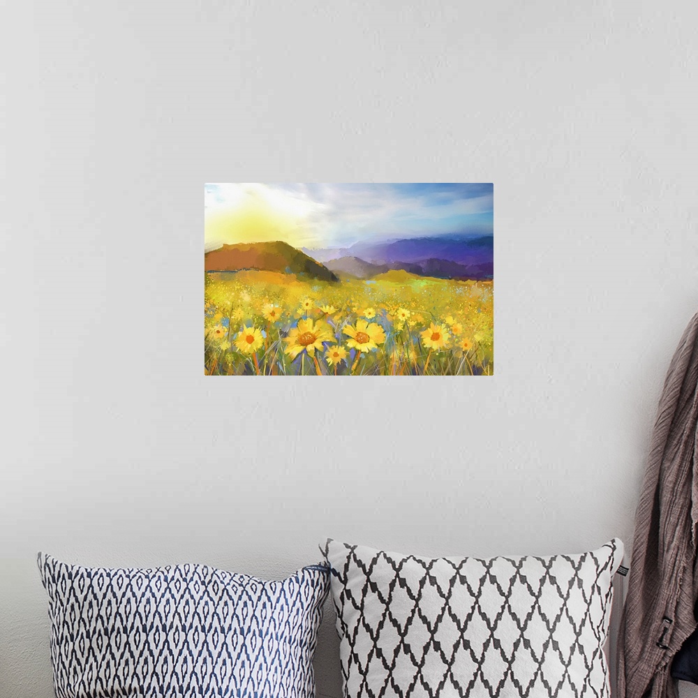 A bohemian room featuring Daisy flower blossom. Originally an oil painting of a rural sunset landscape with a golden daisy ...
