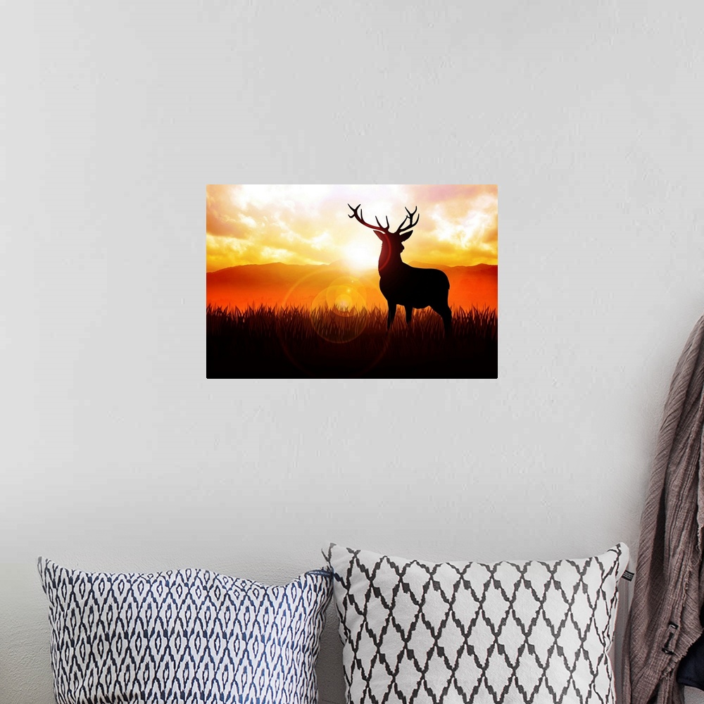 A bohemian room featuring Silhouette illustration of a deer on meadow during sunrise.