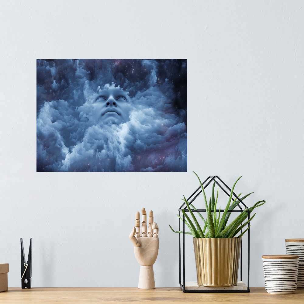 A bohemian room featuring Dreaming intellect series. Backdrop composed of human face and technological elements and suitabl...