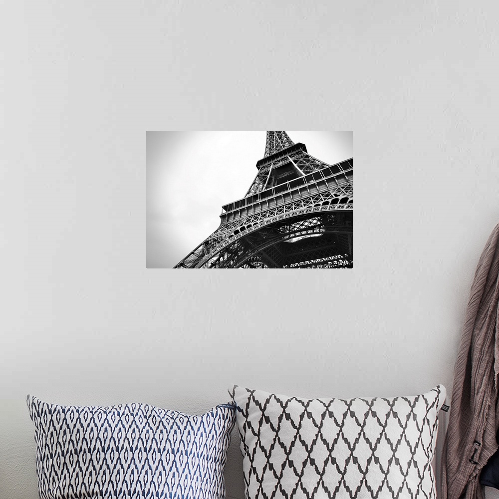 A bohemian room featuring Amazing cityscape of Paris with the beautiful Eiffel tower in black and white in the foreground.