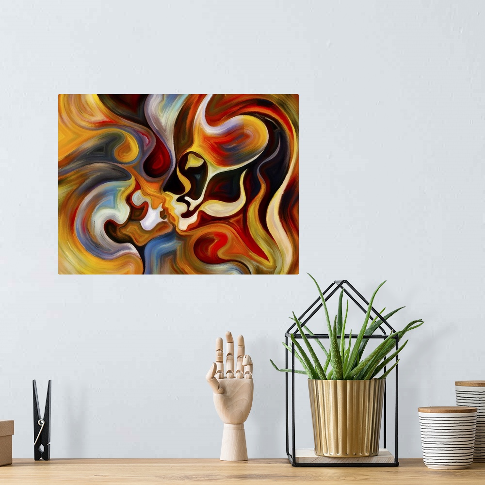 A bohemian room featuring Colors of the mind series. Design made of elements of human face, and colorful abstract shapes to...