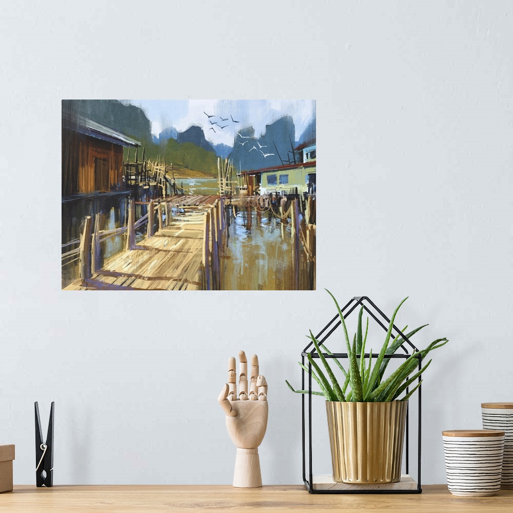 A bohemian room featuring Landscape painting of fishing village in summer.