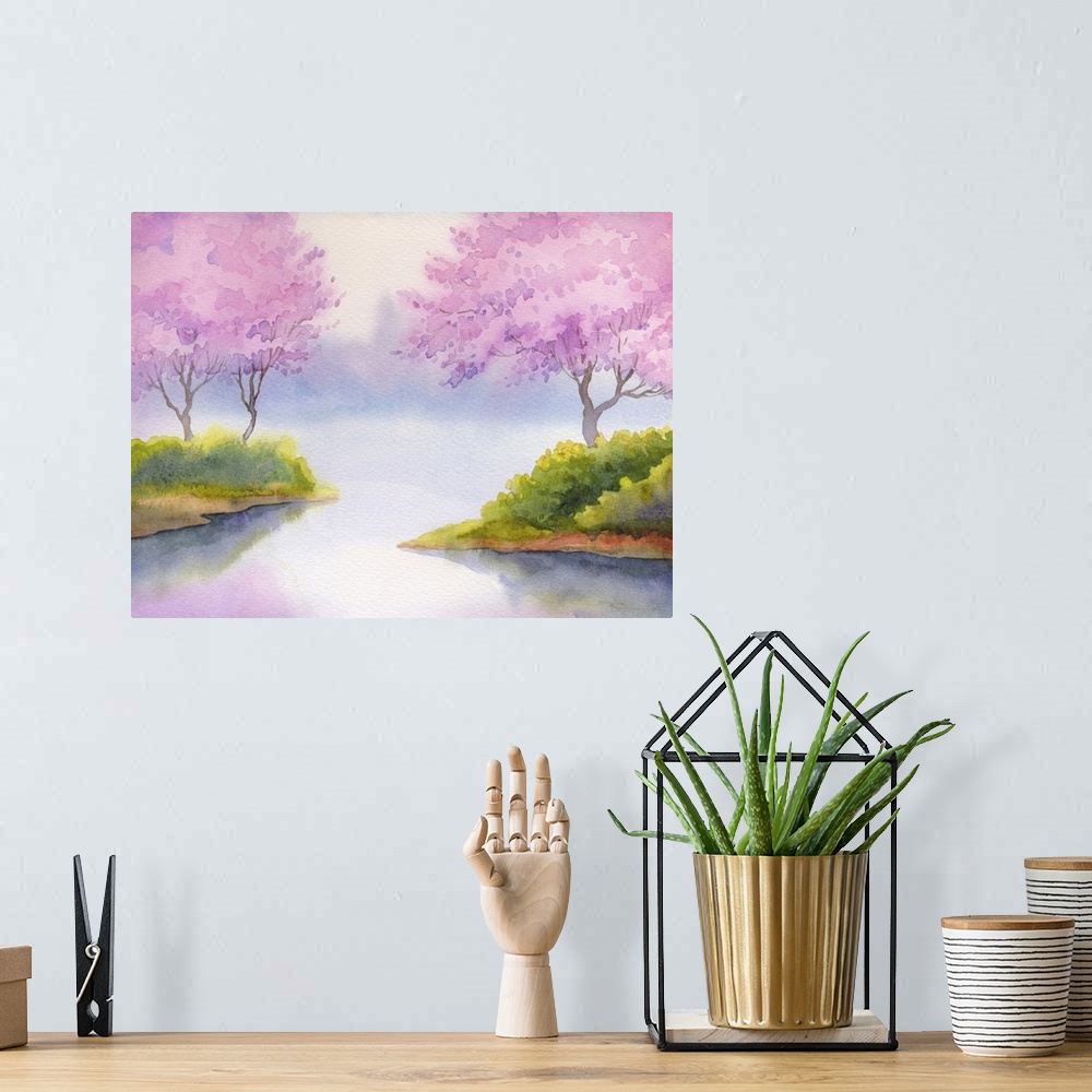 A bohemian room featuring Originally a watercolor landscape. Flowering fruit trees over the quiet lake in a gentle spring m...