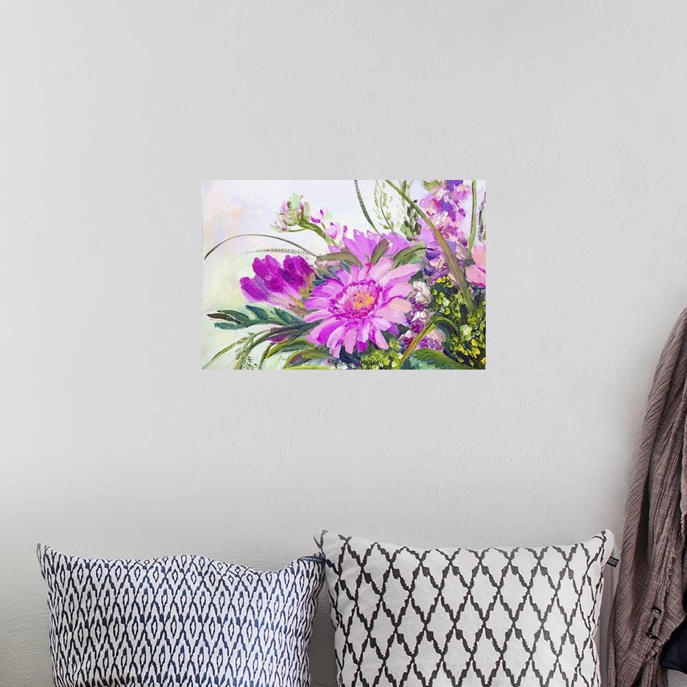 A bohemian room featuring Flowers, originally an oil painting on canvas.