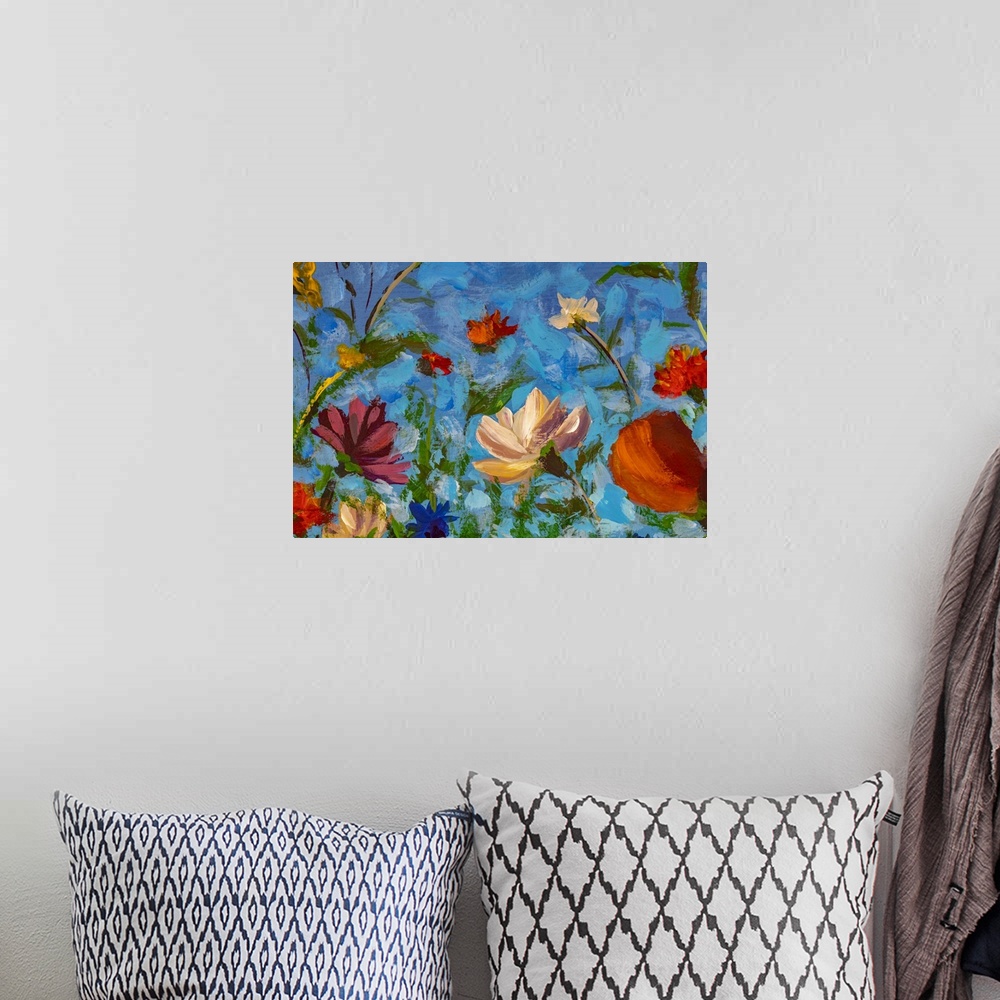 A bohemian room featuring Impressionist floral painting originally in oil.