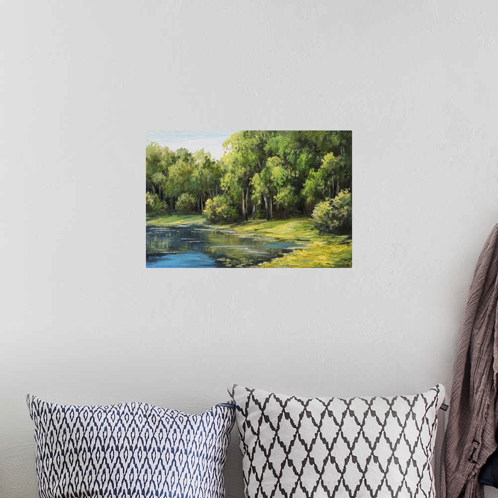 A bohemian room featuring Originally an oil painting landscape of the lake in the forest, summer day.