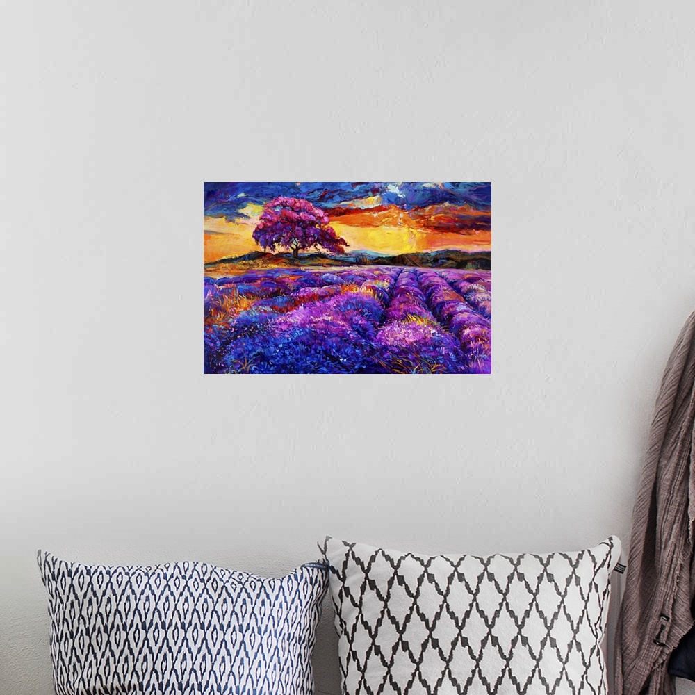 A bohemian room featuring Originally an oil painting of lavender fields on canvas. Sunset landscape. Modern impressionism.