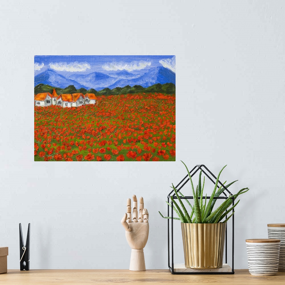 A bohemian room featuring Originally hand painted illustration, oil painting of a summer landscape - meadow with red poppie...