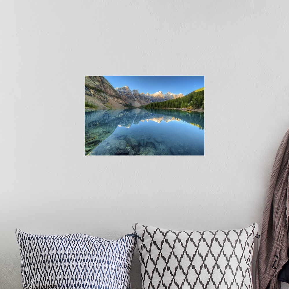 A bohemian room featuring Moraine lake in Banff national park, Canaga, valley of the ten peaks.
