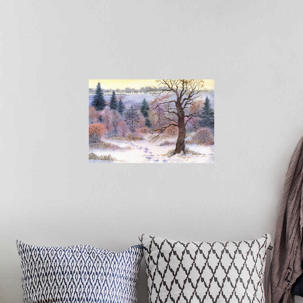 A bohemian room featuring Watercolor landscape of an old tall oak in a forest clearing in the winter snow valley.