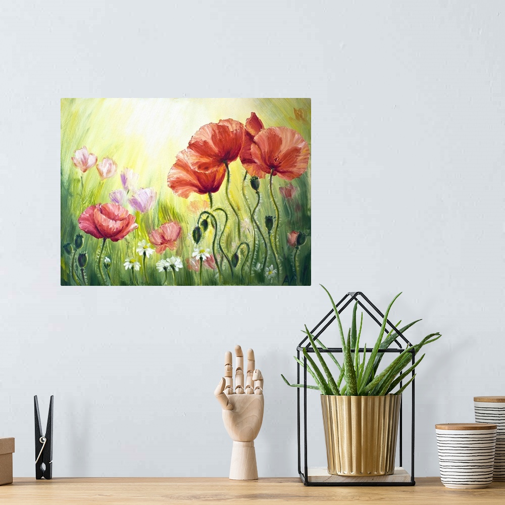 A bohemian room featuring Poppies in the morning, originally an oil painting on canvas.