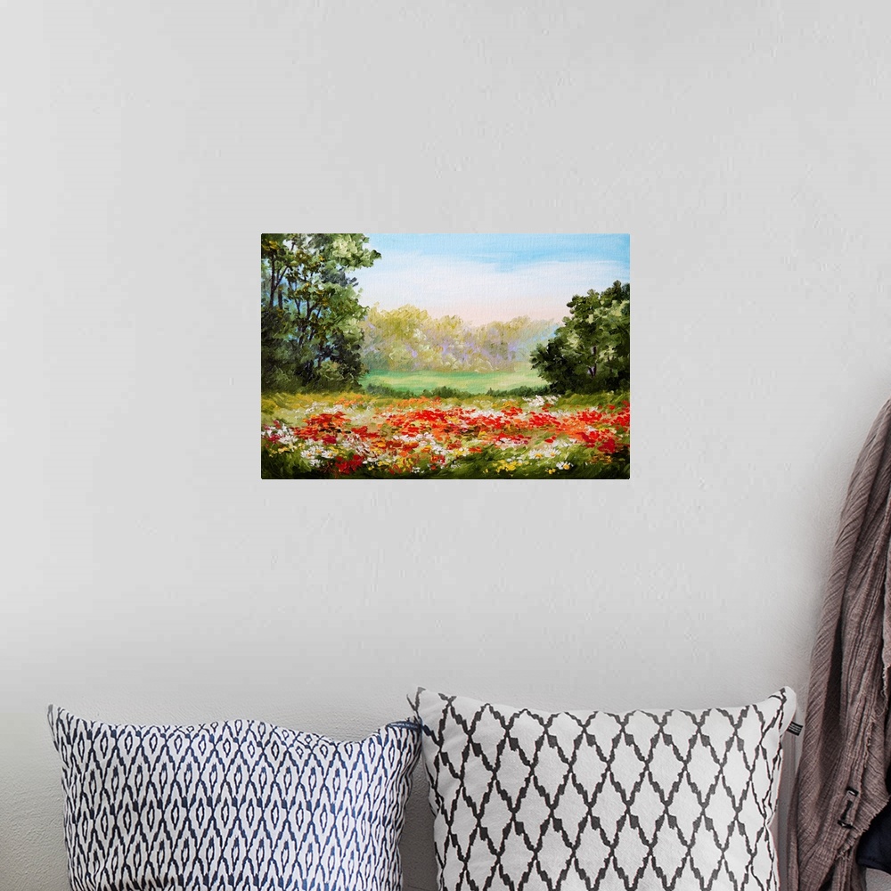A bohemian room featuring Originally an oil painting of a poppy field.