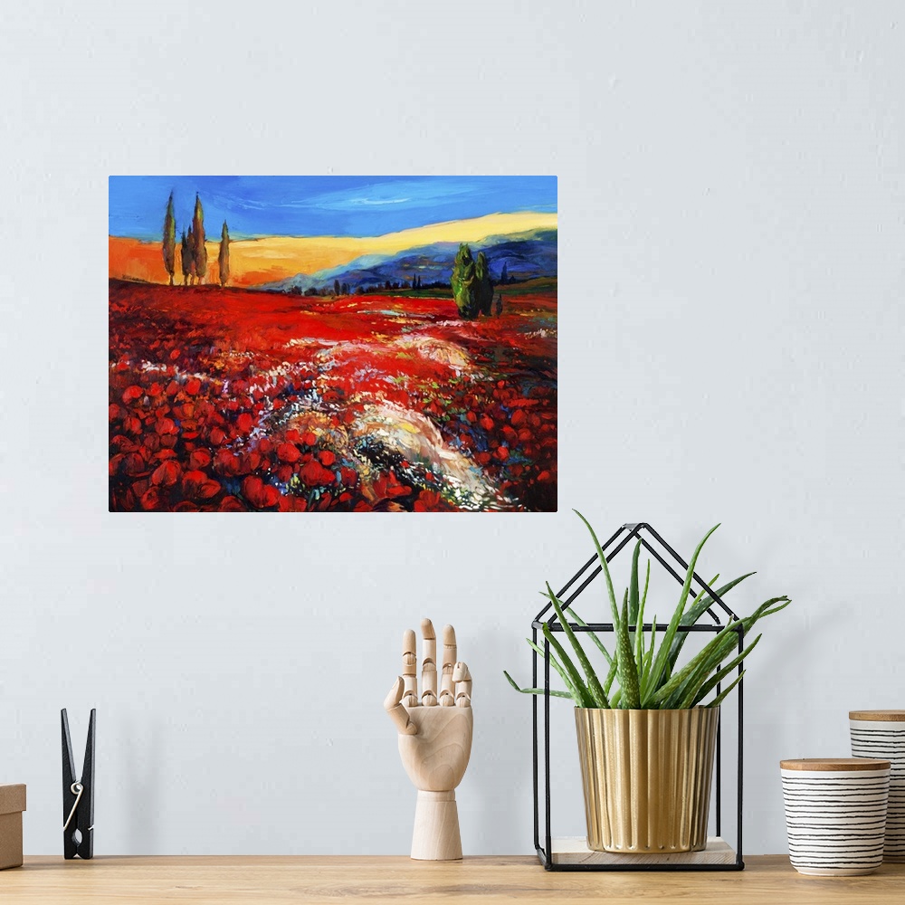 A bohemian room featuring Originally an oil painting of opium poppy (Papaver Somniferum) field in front of beautiful sunset...