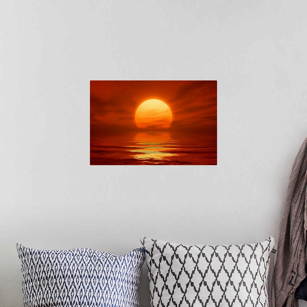 A bohemian room featuring An image of a nice red sunset with a big yellow sun.