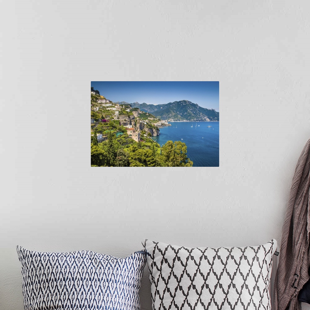 A bohemian room featuring Scenic picture-postcard view of famous Amalfi coast with beautiful gulf of Salerno, Campania, Italy.
