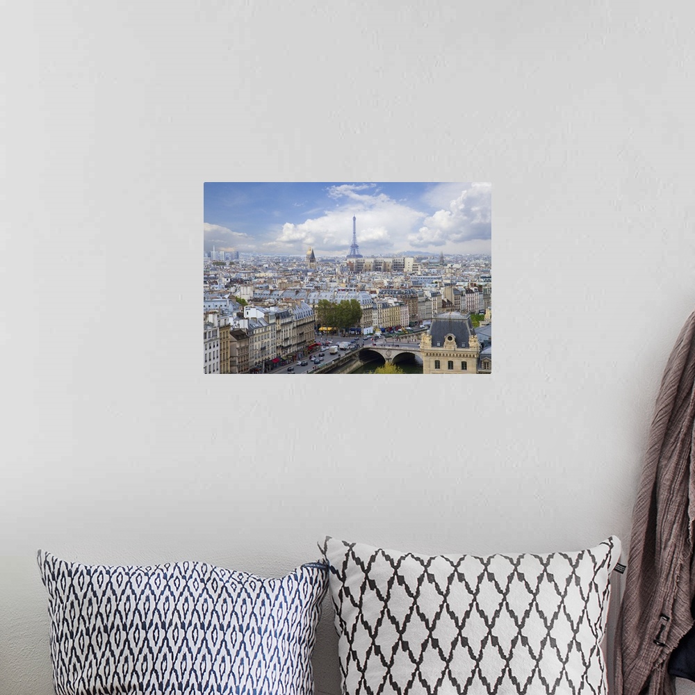 A bohemian room featuring Skyline of Paris city with blue sky, France.
