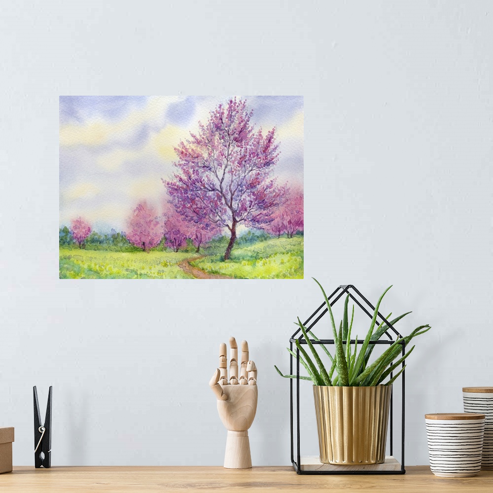 A bohemian room featuring Originally a watercolor spring landscape. Flowering tree in a field beside the path.