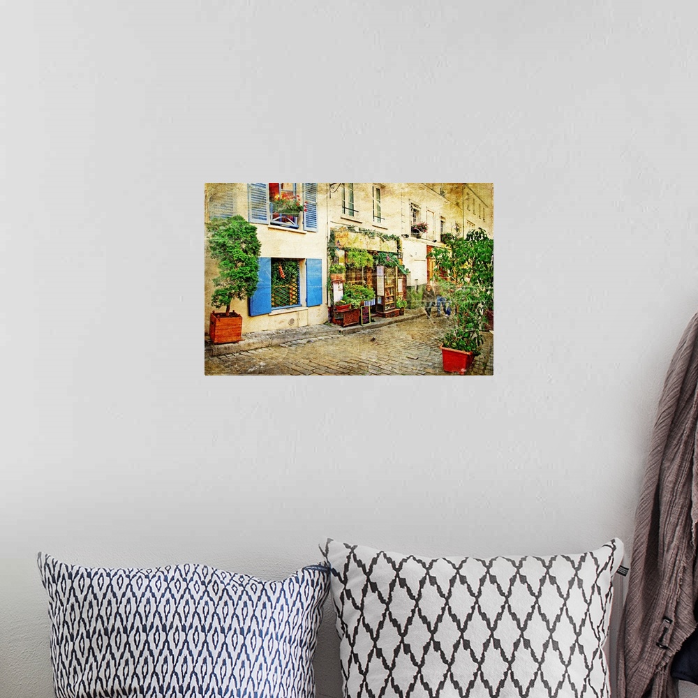 A bohemian room featuring Streets of old Montmartre, Paris, in a watercolor style.