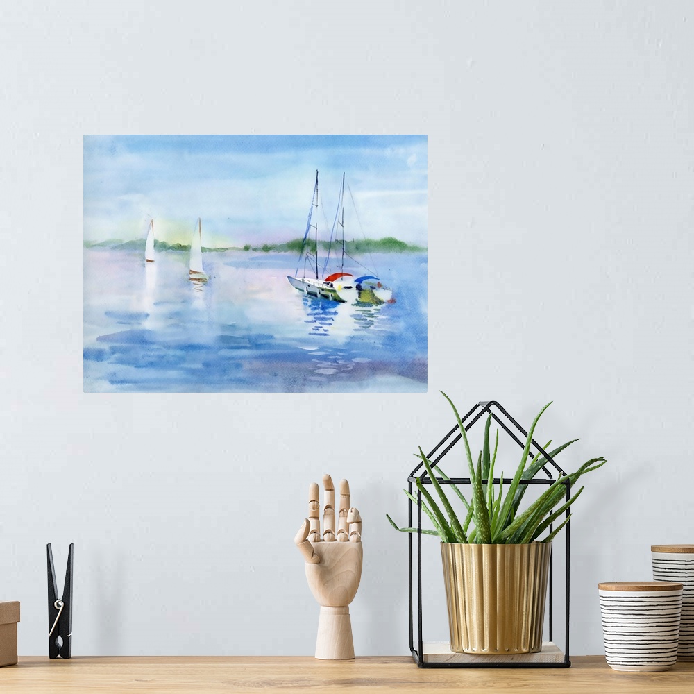 A bohemian room featuring Originally a watercolor summer landscape with sailboats.