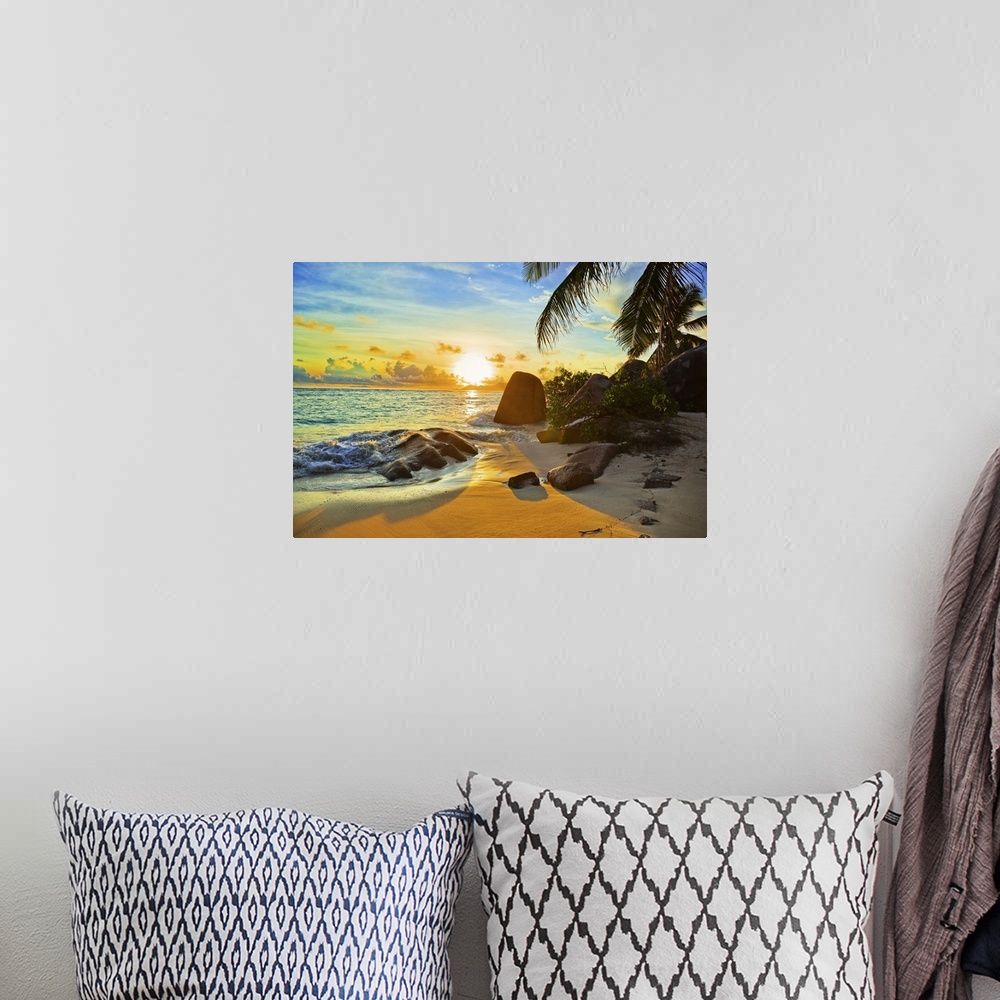 A bohemian room featuring Tropical beach at sunset - nature background.