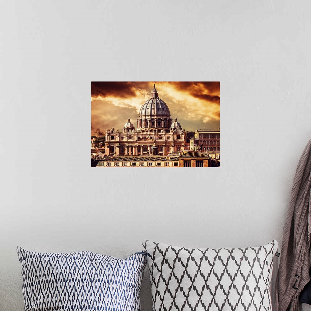 A bohemian room featuring Beautiful cityscape of the Vatican city by sunset.