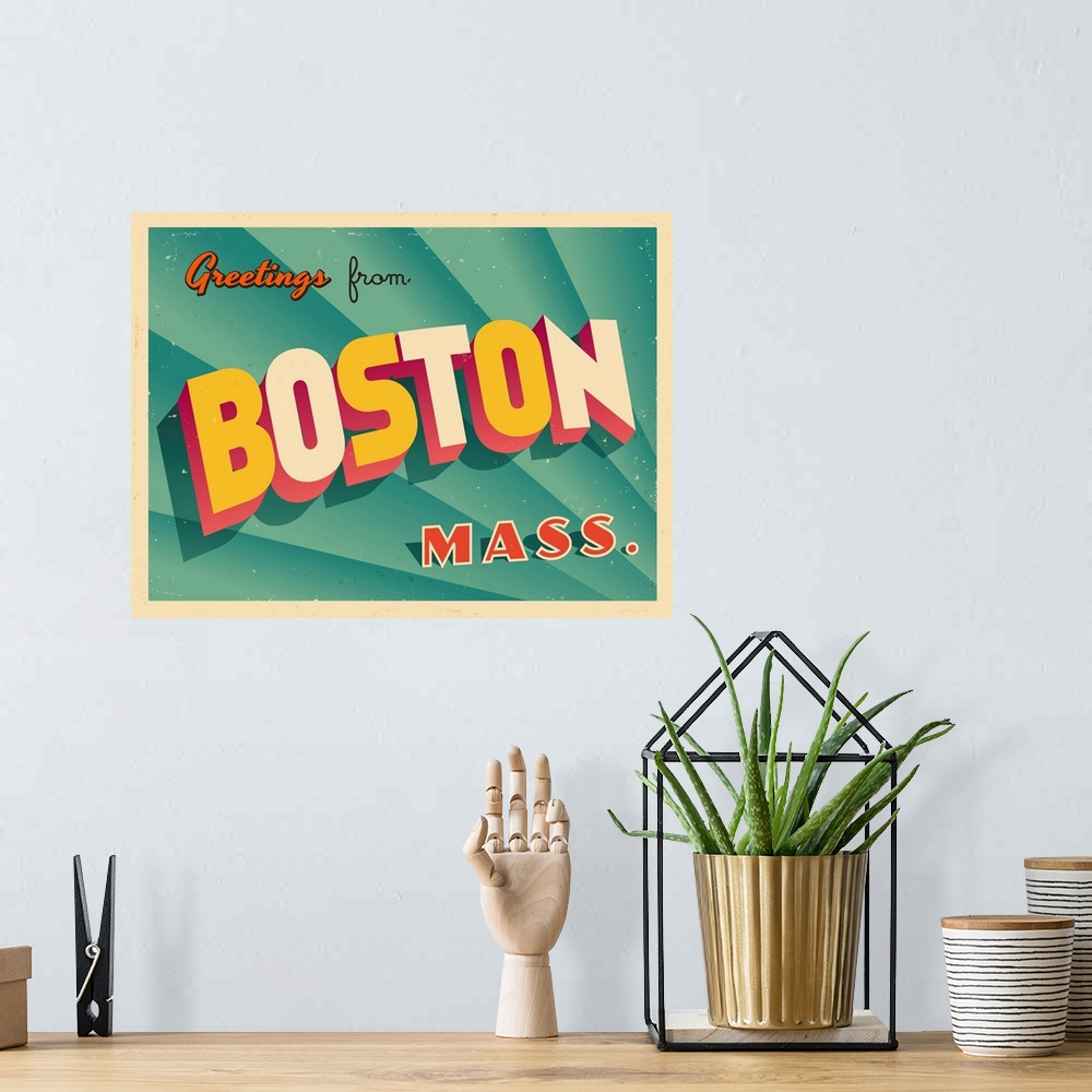 A bohemian room featuring Vintage touristic greeting card - Boston, Massachusetts.