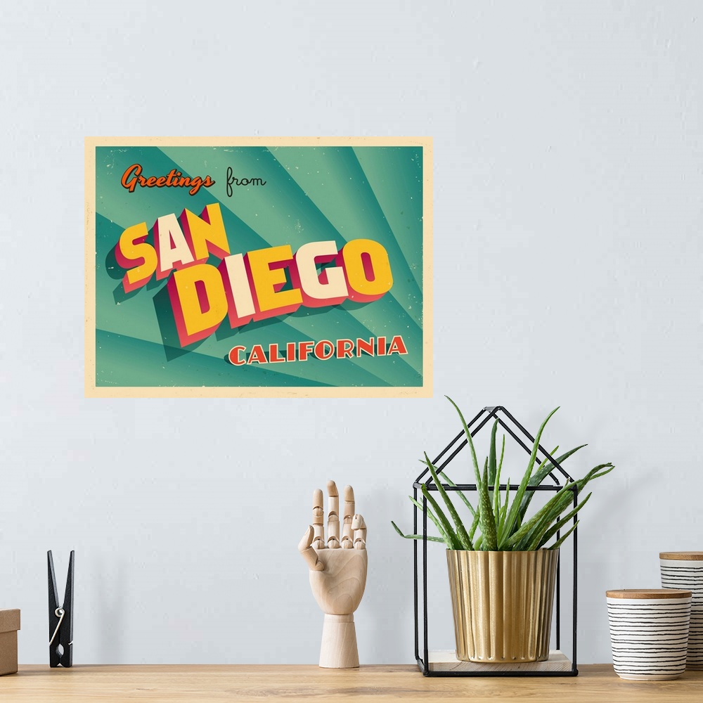 A bohemian room featuring Vintage touristic greeting card - San Diego, California.