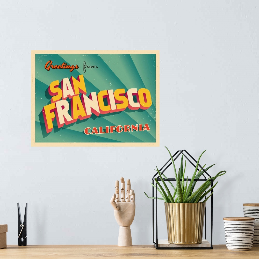 A bohemian room featuring Vintage touristic greeting card - San Francisco, California.