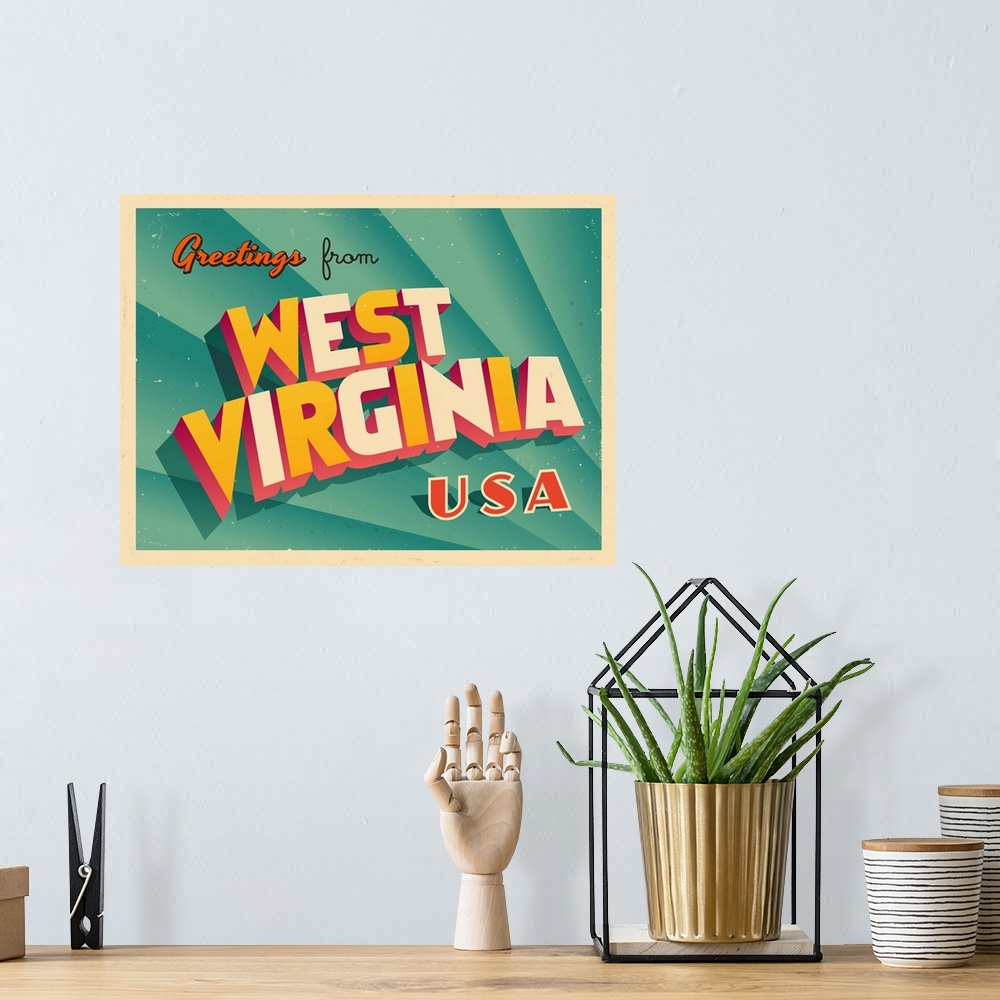 A bohemian room featuring Vintage touristic greeting card - west Virginia.