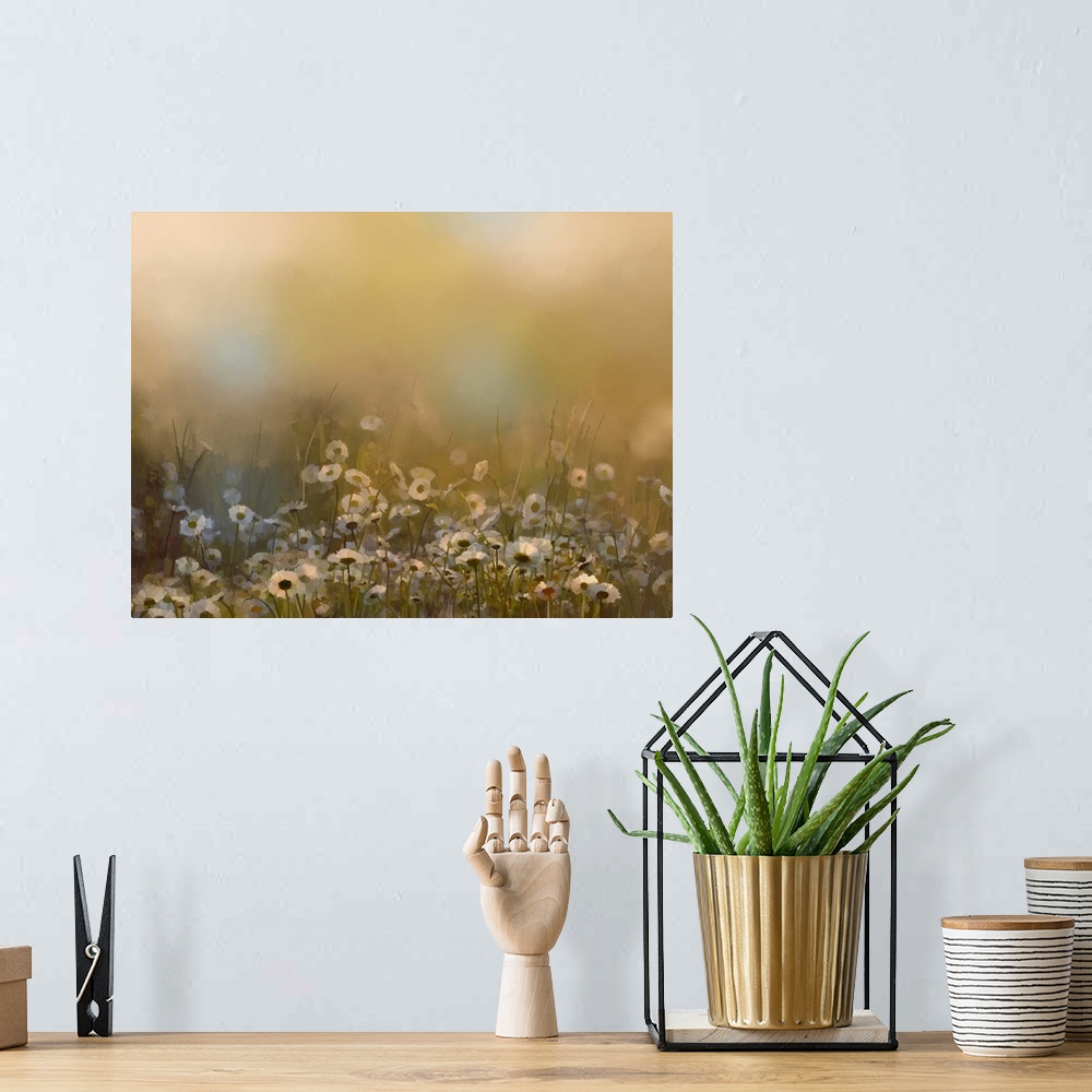 A bohemian room featuring Vintage white daisy flowers in the meadows. Originally an abstract oil painting of a field of dai...