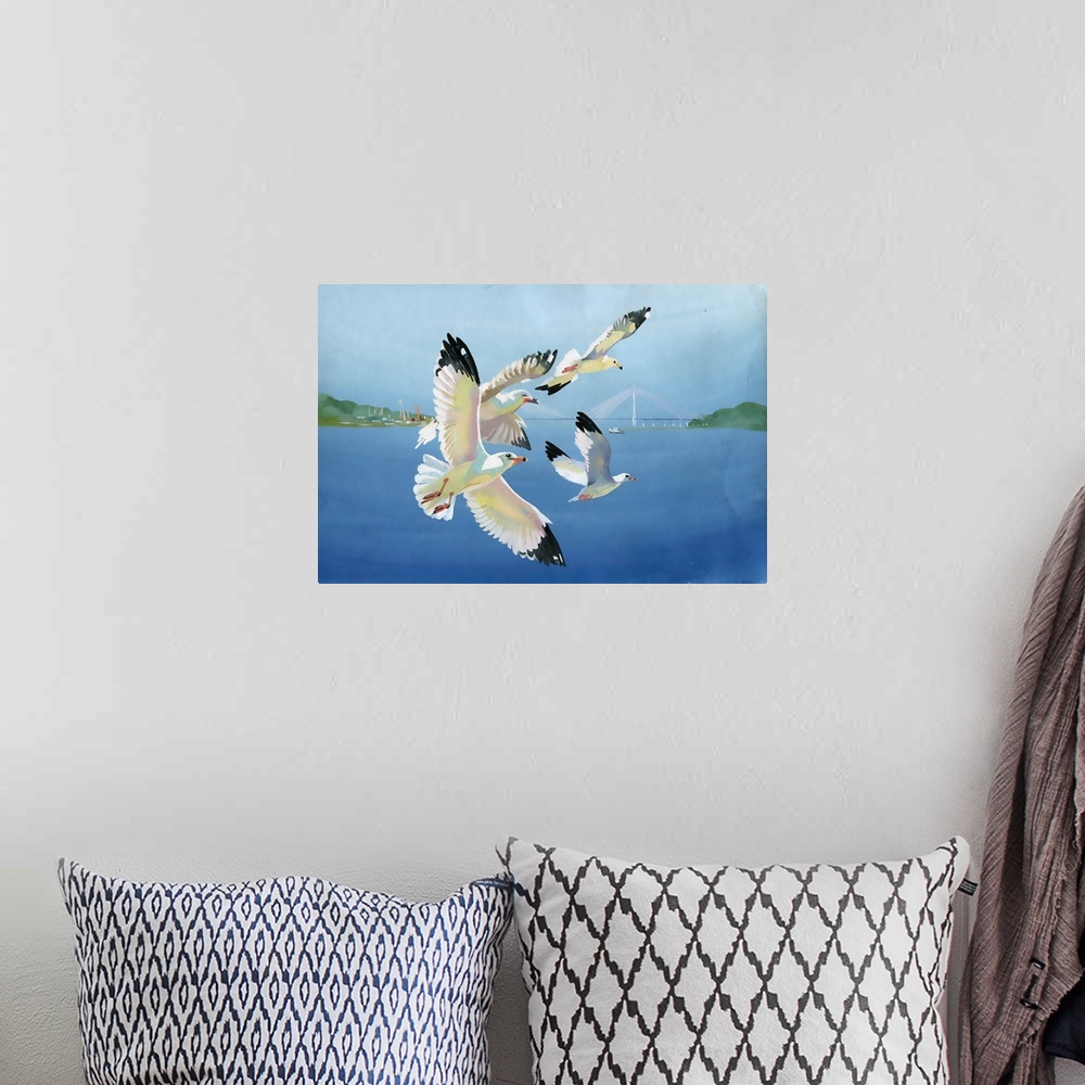 A bohemian room featuring Originally a watercolor painting of seagulls in flight and seascape.