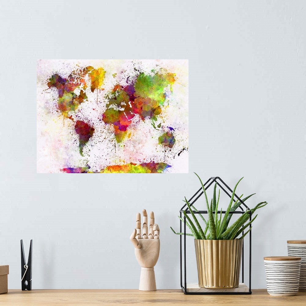 A bohemian room featuring Originally a world map in watercolor painting abstract splatters.