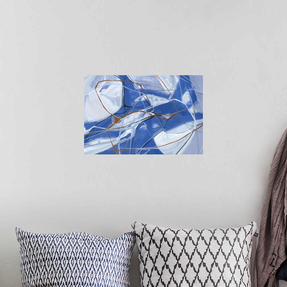 A bohemian room featuring A contemporary abstract painting of various blue tones in bold movements making interlocking webs.
