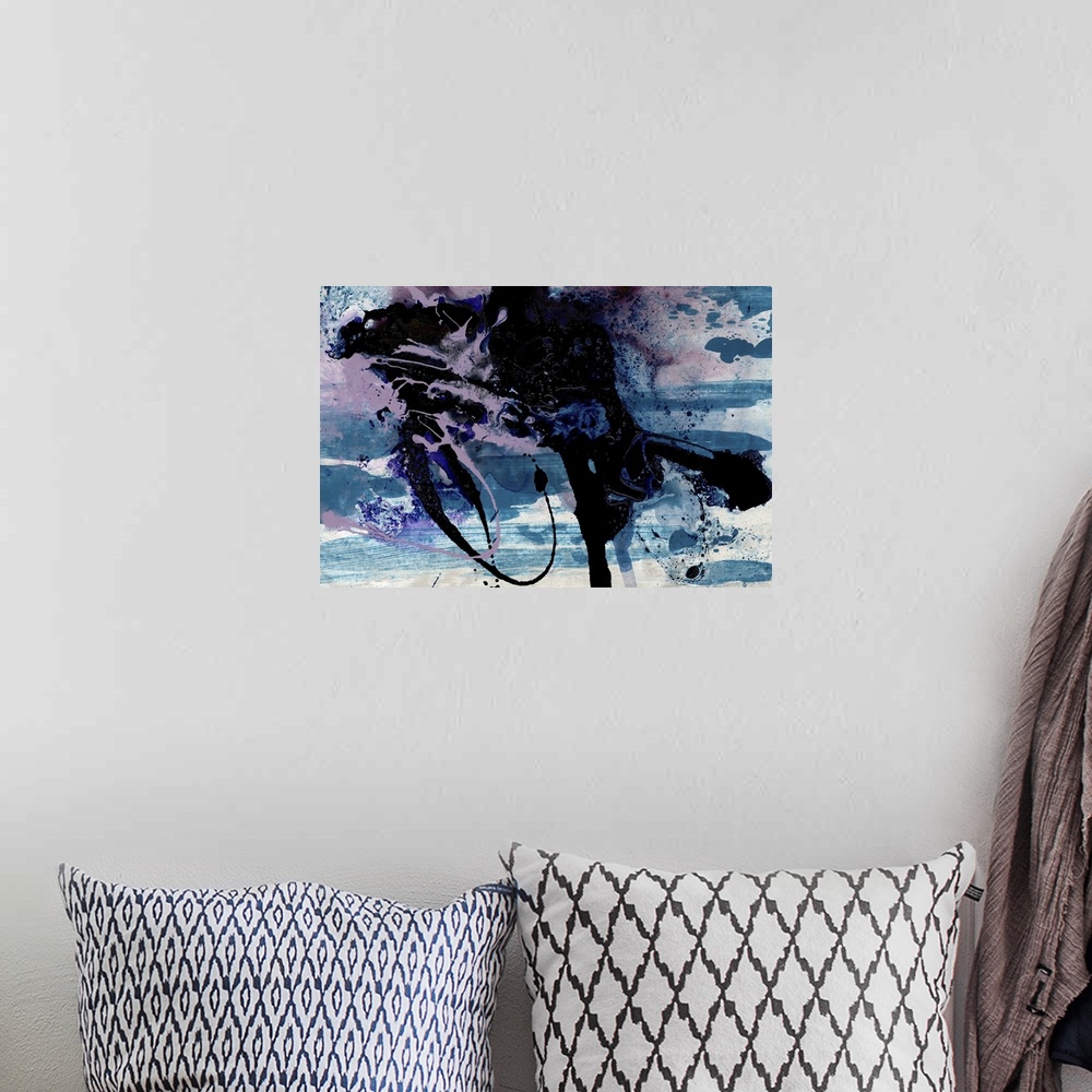 A bohemian room featuring A contemporary abstract painting of dark black and purple tones with splashes blue swirling aroun...