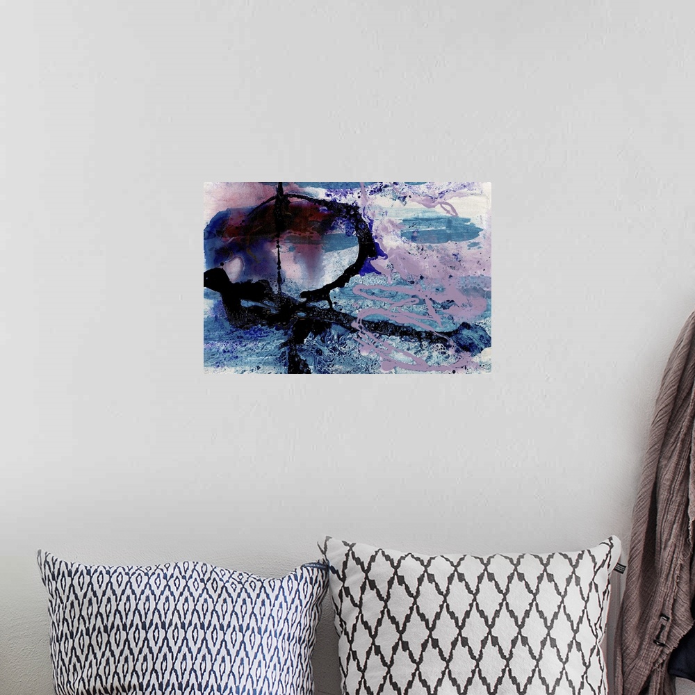 A bohemian room featuring A contemporary abstract painting of dark black and purple tones with splashes blue swirling aroun...