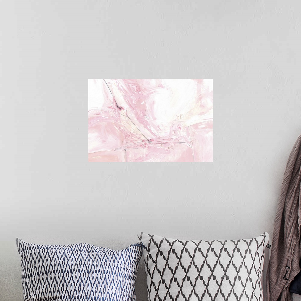 A bohemian room featuring A contemporary abstract painting using soft pale pink, tones and stone-lie textural patterns.