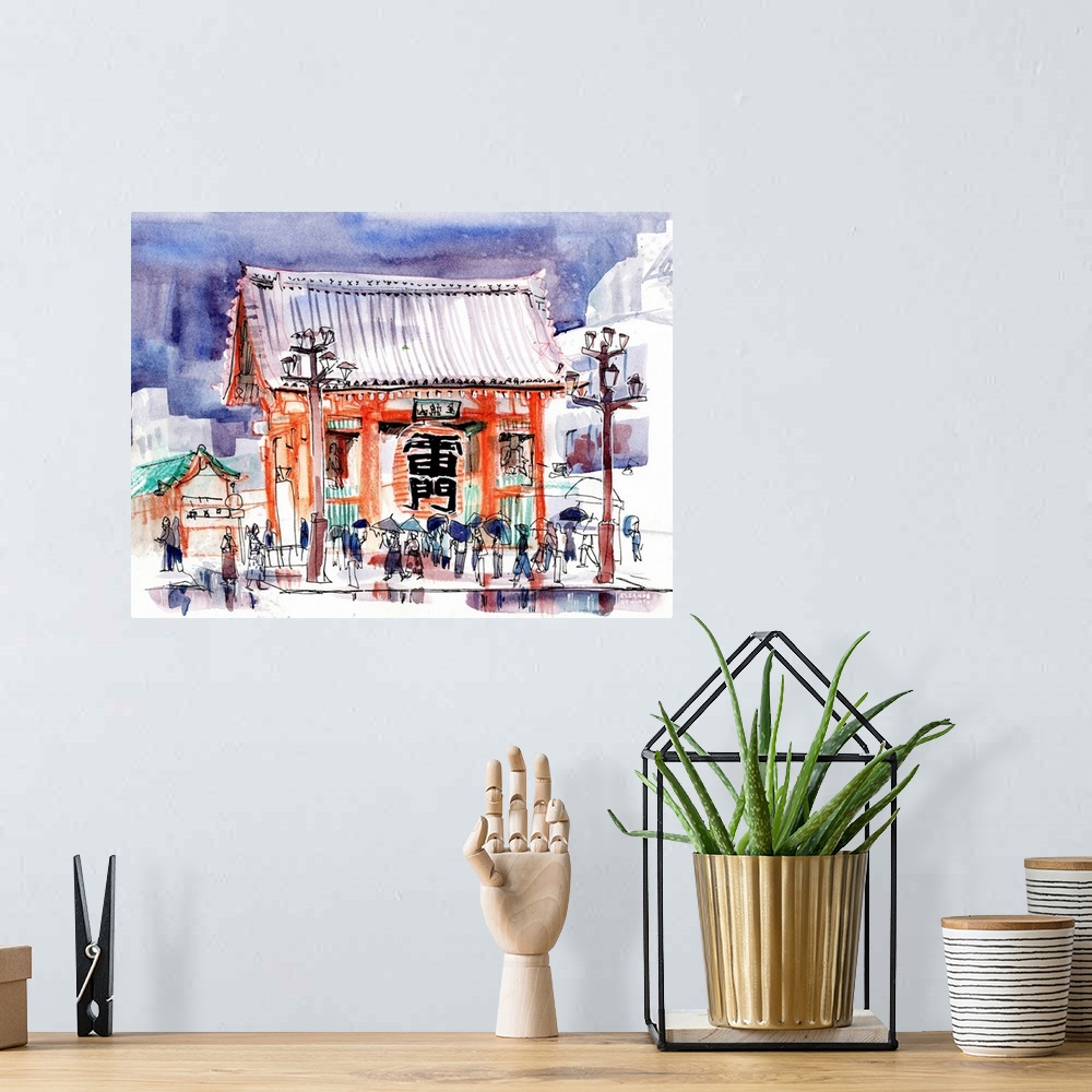 A bohemian room featuring Watercolor and mixed media illustration of the famous Kaminarimon "Thunder Gate" entrance to the ...