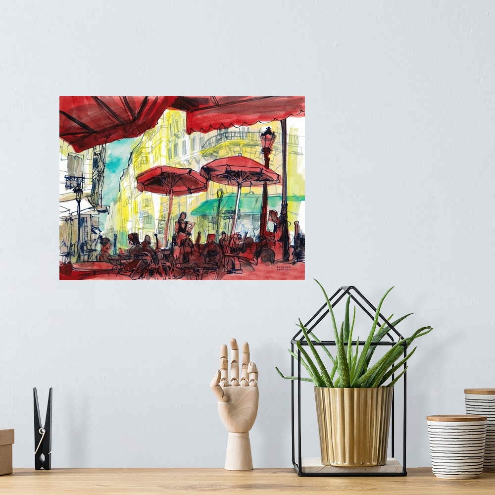 A bohemian room featuring The patrons-eye-view watercolor painting of a typical brasserie cafe in Paris with the distinctiv...