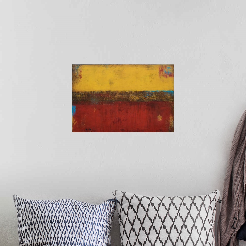 A bohemian room featuring Large abstract painting with horizontal sections in gold and red with a brown band running throug...