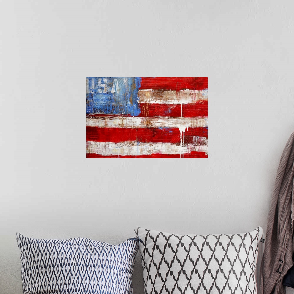 A bohemian room featuring A patriotic wall hanging, this is a Giclee print of a painting that is a simplified American flag...