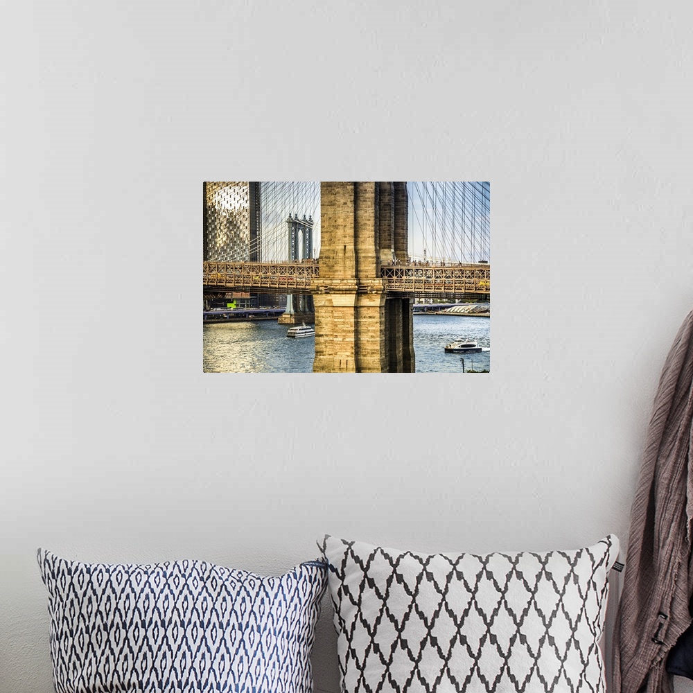 A bohemian room featuring USA, New York City, Brooklyn, Detail of Brooklyn Bridge and Manhattan Bridge in background