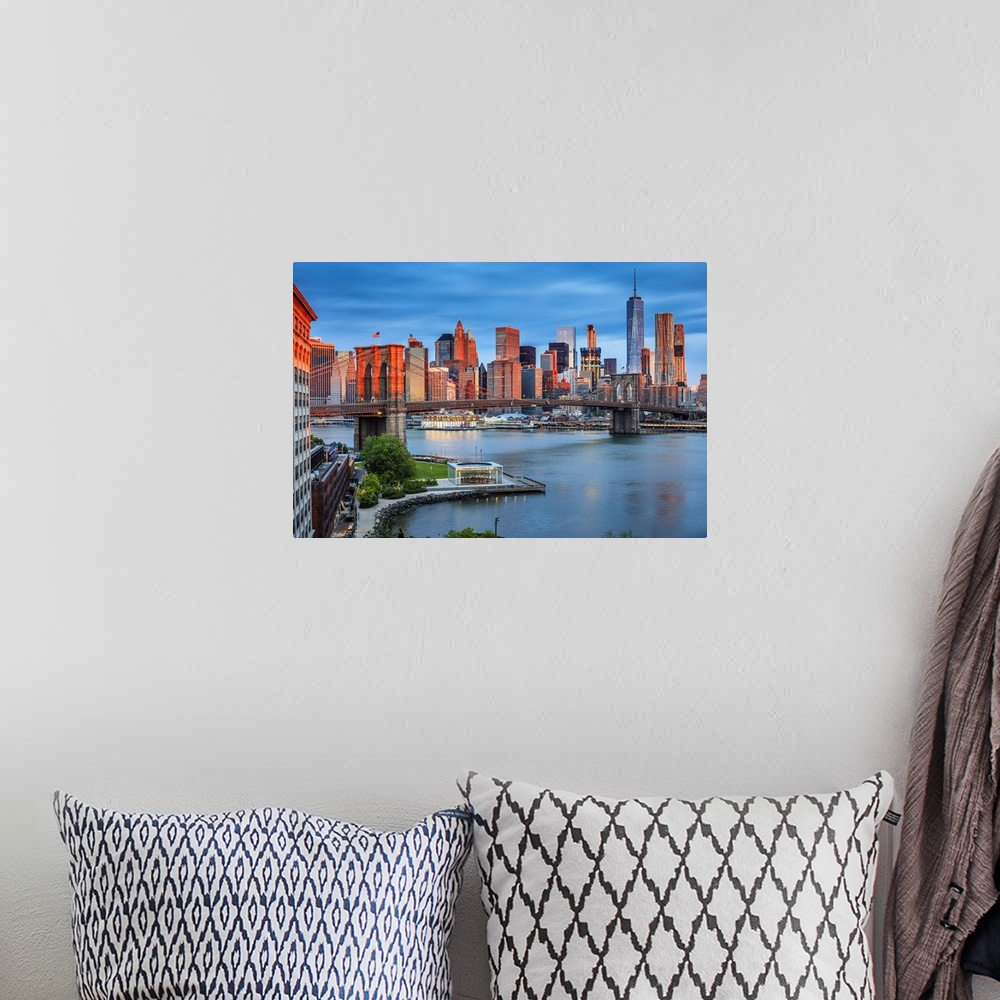 A bohemian room featuring USA, New York City, Brooklyn, East River, Dumbo, Brooklyn Bridge, View of the Lower Manhattan and...