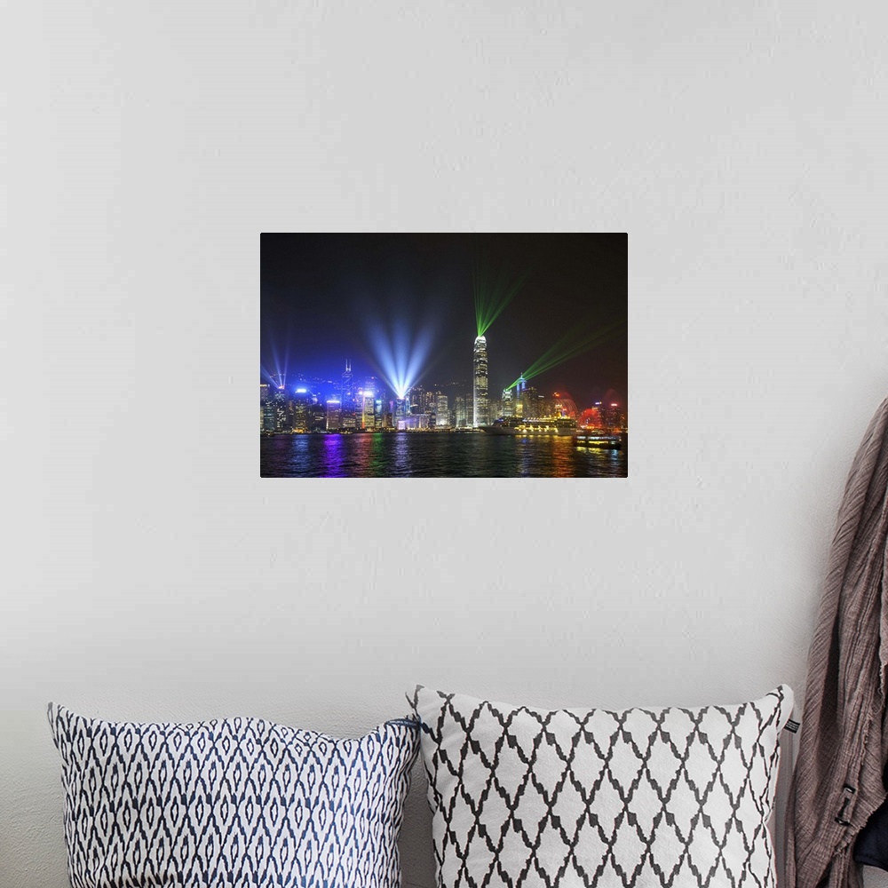 A bohemian room featuring China, Hong Kong, Hong Kong island, Skyline of the Central during the Symphony of Lights light an...