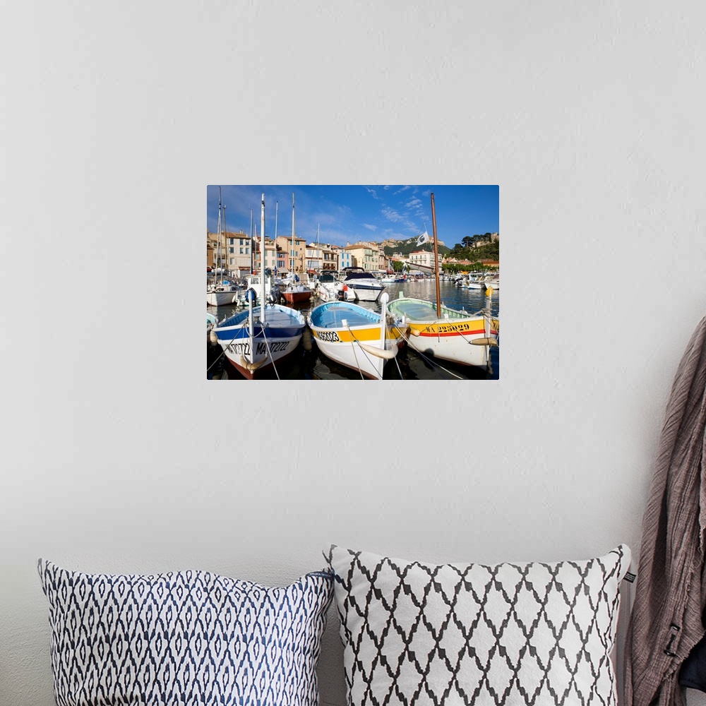A bohemian room featuring France, Bouches-du-Rhone, Cassis, Sailing dinghies in front of the port